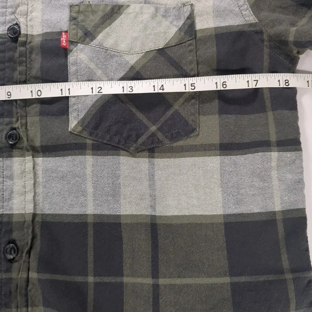 Levis Mens Small Green/Black/White Plaid Button‎ Up Short Sleeve Shirt Vintage